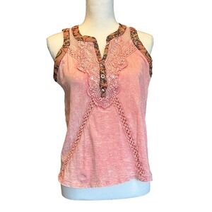 BKE Gimmicks Boho Crochet Lace Henley Tank Sleeveless Festival Top Small - FLAWS